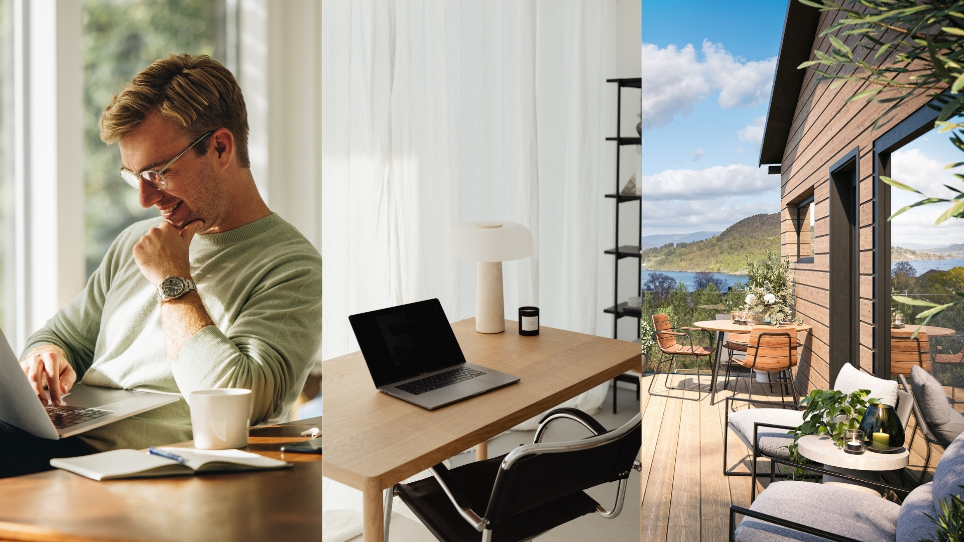 Collage de trois images : un homme travaillant sur un ordinateur portable près d'une fenêtre, un bureau à domicile minimaliste avec un MacBook et une lampe de bureau, et une terrasse moderne sur le toit avec vue sur le fjord.
